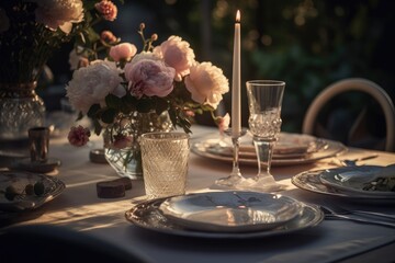 Romantic outdoor table setting with beautiful pink peony blossoms during sunset