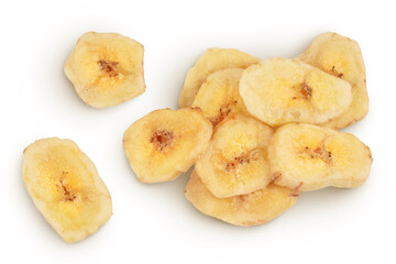 Dried banana chips isolated on white background with full depth of field. Top view. Flat lay