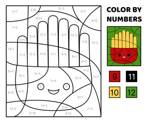 French fries. Solve the problem, color the picture. Addition, Subtraction. Coloring book. Vector