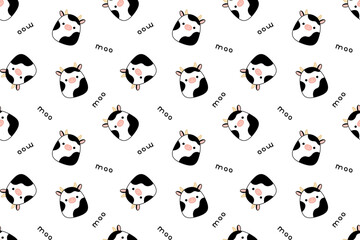 Seamless pattern with kawaii cows. Moo. Squishmallow. Repeatable background with cows. Vector