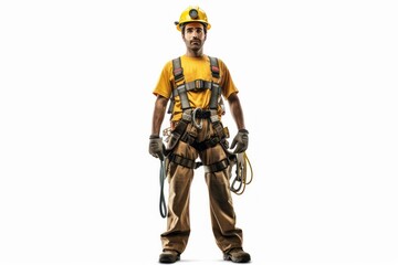 a photo portrait of a construction worker and industrial engineer architect miner with his uniform and yellow protection helmet full height. isolated on white background. Generative AI