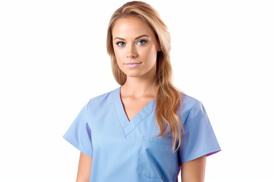 a photo portrait of a beautiful blonde female nurse doctor in the blue scrub suit medical uniform. isolated on white background. Generative AI