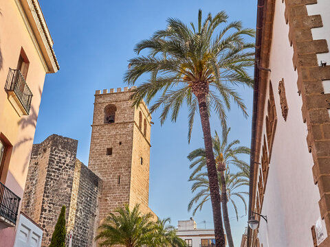 Javea Old Town at sunset, with the tower of the church of San Bartolome and the abastos market. J&aacute;vea, X&agrave;bia, Costa Blanca, province of Alicante, Comunidad Valenciana, Spain, Europe