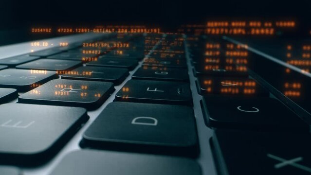 Close up of laptop keyboard with abstract coding big data. Digital innovation protection technology. Futuristic network server background. Blockchain crypto developer and binary program code concept