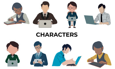 Character vector collection. Playing on a laptop, writing design. 