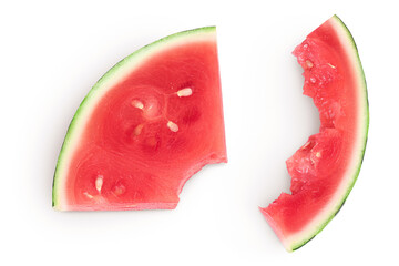 Red seedless watermelon slices isolated on white background. Top view. Flat lay