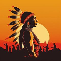 Fototapeta premium Dramatic Indigenous person wearing head dress on colorful desert background. Native American person wearing head dress 