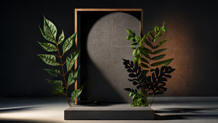 Podium for product showcase with green plants in the background