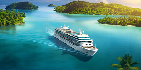 A luxurious cruise ship sailing across a crystal-clear turquoise sea, with a backdrop of palm-fringed tropical island