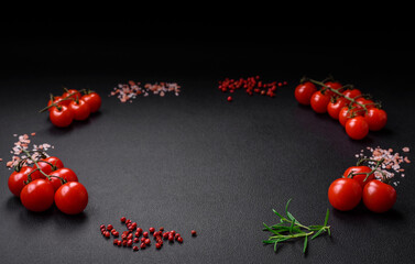 Ingredients for cooking cherry tomatoes, salt, spices and herbs