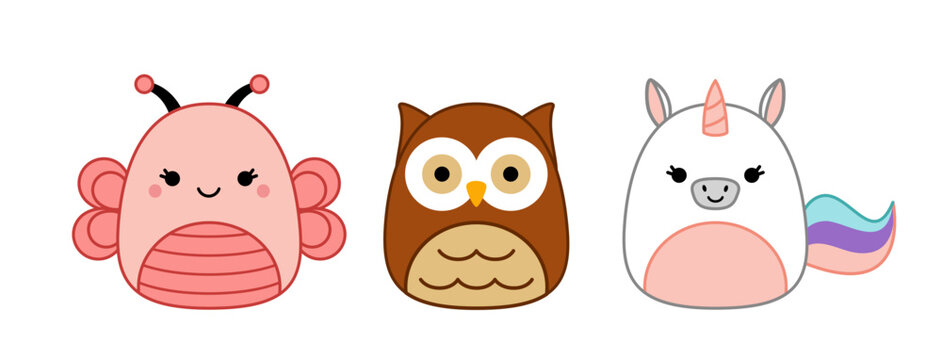 Butterfly, owl, unicorn. Squishmallow. Cute soft plush toy. Pillow Cartoon kawaii vector