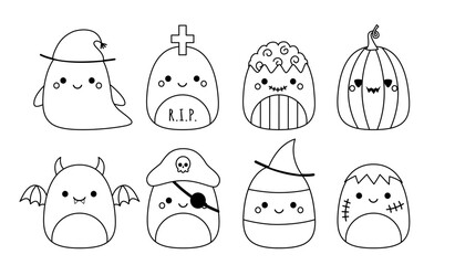 Halloween set. Squishmallow. Coloring page. Squishmallow. Black and white. Vector