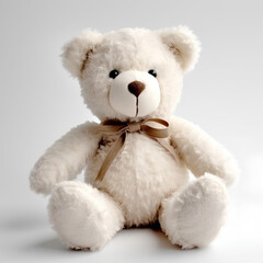 Soft plush white toy bear with bow on the background. Generative AI.