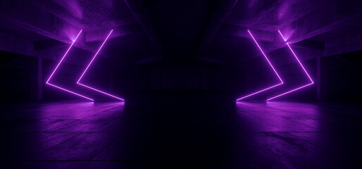 Fototapeta na wymiar Grunge Sci Fi Barn Neon Laser Beam Electric Cyber Lights Futuristic Triangle Modern Warehouse Empty Garage Concrete Asphalt Hangar Underground 3D Rendering