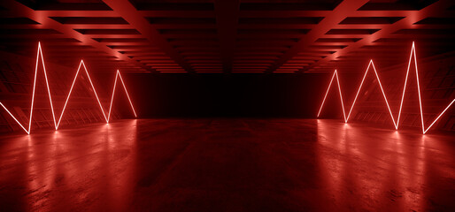 Grunge Sci Fi Neon Bouncing Laser Beam Electric Cyber Lights Futuristic Modern Empty Stage Podium Garage Concrete Asphalt Hangar Underground Club 3D Rendering © IM_VISUALS