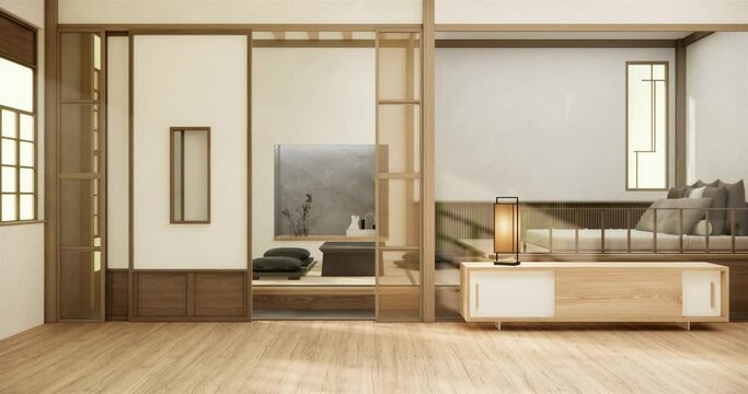 Japandi style living empty room with decorated minimalist and tv cabinet. 3d rendering