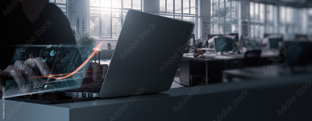 Poster Business technology and digital marketing network concept.Businessman touching tablet and laptop. Management global structure networking and data exchanges customer connection on workplace.