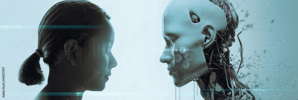 Poster The face of a businesswoman and a robot opposite each other look into the eyes. Modern technologies, robot versus human, artificial intelligence, neural networks.
