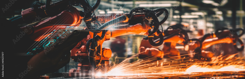 Fototapete Welding robotics and digital manufacturing operation.Manager engineer check and control automation robot arms machine in intelligent factory industrial on real time monitoring system software.