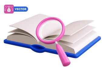 Magnifying glass and open book. 3d realistic icon, case study or search concept. Perspective view, isolated on white, minimalist and glossy style. Vector illustration