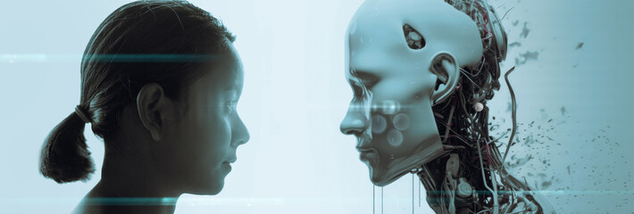 The face of a businesswoman and a robot opposite each other look into the eyes. Modern technologies, robot versus human, artificial intelligence, neural networks.