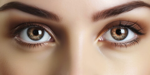 Obraz premium Young beautiful woman with brown eyes, closeup detail to her face, both iris visible. Generative AI