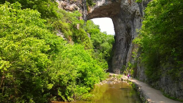 Natural Bridge Stone National Park in the Blue Ridge Mountains of Rockbridge County, Virginia Limestone Bridge Gorge. Shooting from a drone.