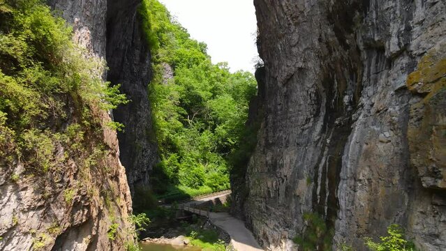 Natural Bridge Stone National Park in the Blue Ridge Mountains of Rockbridge County, Virginia Limestone Bridge Gorge. Shooting from a drone.