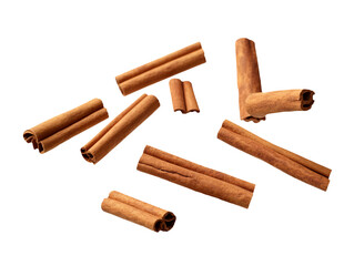 Falling cinnamon sticks isolated on transparent or white background, png