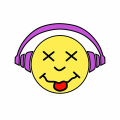 Vector illustration design of emoticon character with expression listening to music using headphones
