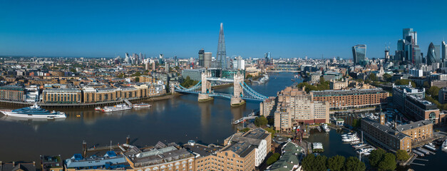 Aerial view of the Tower Bridge in London. One of London's most famous bridges and must-see landmarks in London. Beautiful panorama of London Tower Bridge.