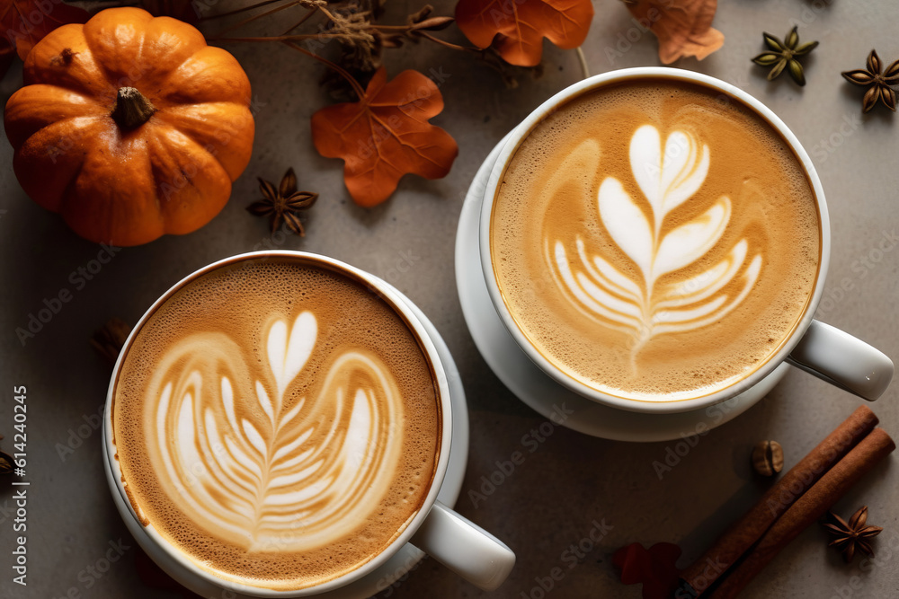 Wall mural Pumpkin lattes with latte art top view with little pumpkins, generative AI