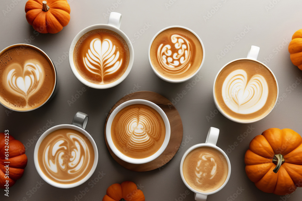 Wall mural Pumpkin lattes with latte art top view with little pumpkins, generative AI