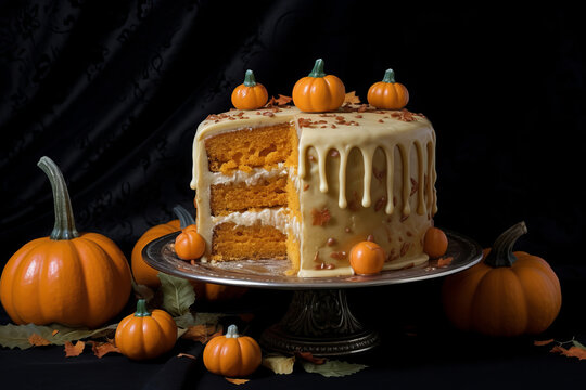 Pumpkin cake with cream cheese frosting, generative AI