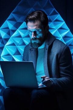 Man Typing Keyboard Laptop. blue background. freelance work online. generative ai, ai, generative