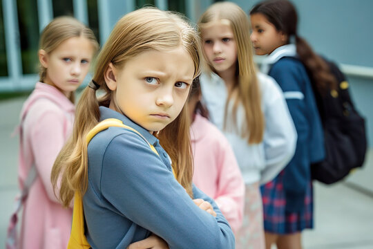 A sad girl intimidation moment on the elementary Age Bullying, Schoolyard. generative ai, ai, generative, neural network