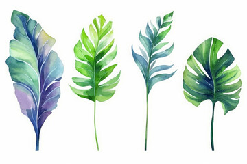 Set of watercolor tropical plant leaves on white , generative AI