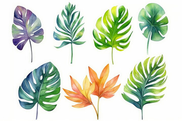 Fototapeta na wymiar Set of watercolor tropical plant leaves on white , generative AI