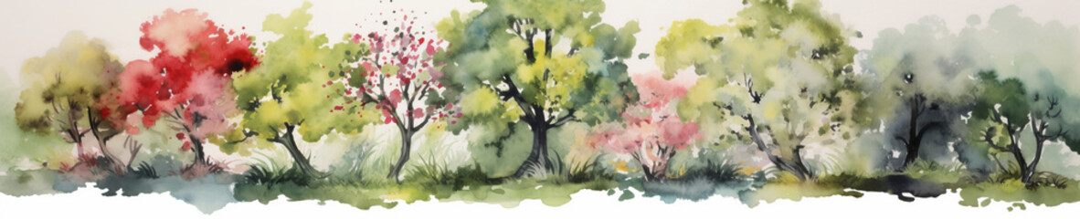 Green trees watercolor border, springtime landscape, generative AI