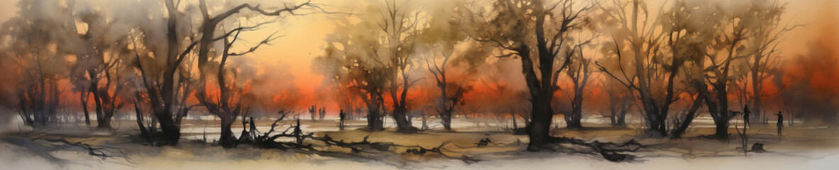 Obraz na płótnie Canvas Bare trees watercolor border, wintertime landscape, generative AI