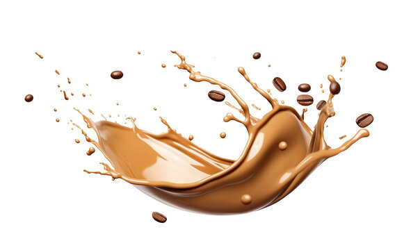 Coffee splash with coffee beans isolated on transparent or white background, png