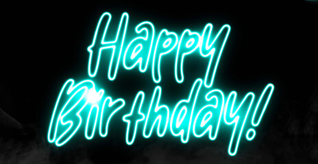 Fototapeta premium Happy Birthday electric blue lighting text with on black background, 3D Rendering. Happy Birthday text word.