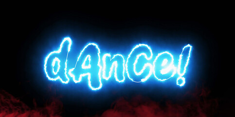 Dance text font with neon light. Luminous and shimmering haze inside the letters of the text Dance. 