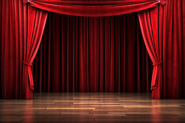 Red stage curtains velvet curtains and wooden stage floor.