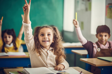 Small girl kid in school classroom raising hand up to answer teacher. Generative AI