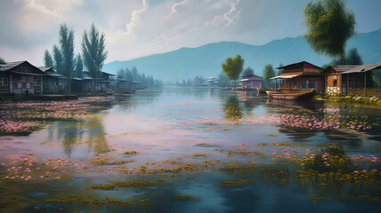 Obraz premium Landscape of Dal Lake in Srinagar, India. Generative Ai