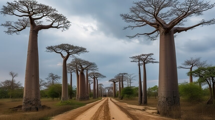 Obraz na płótnie Canvas Beautiful Baobab trees at sunset at the avenue of the baobabs in Madagascar. Generative Ai