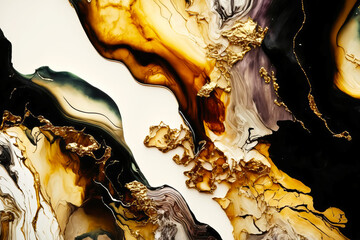 Fototapeta premium Fluid Art. Liquid black ink and gold metallic swirls and wave. Generative AI illustration