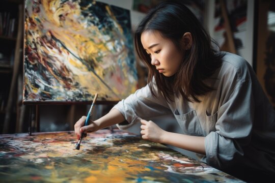 Female Asian teenager painting art studio artist apron picture drawing. Generative AI AIG23.