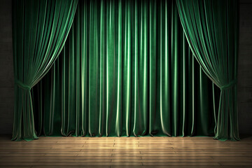 Green stage curtains velvet curtains and wooden stage floor.